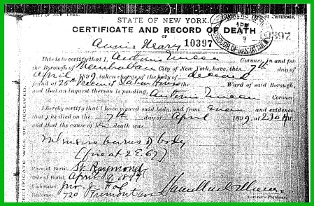 1899 NYC death cert (Annie Neary)